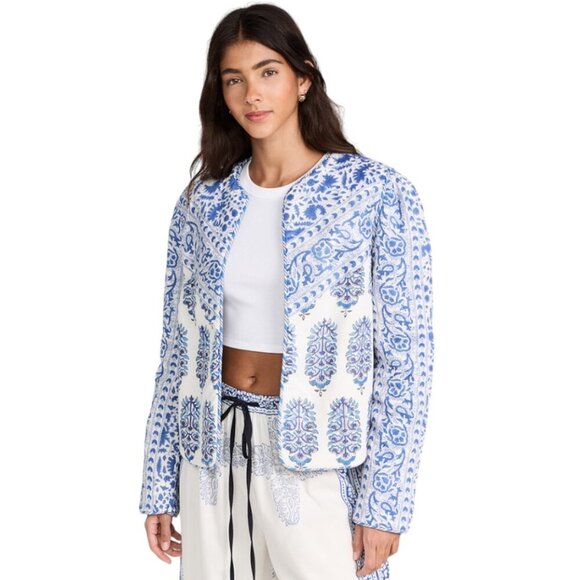 Alix of Bohemia Hudson Bermuda Jacket Womens Large Blue White Cotton Open Front